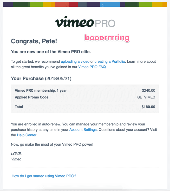 vimeo email receipt